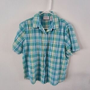 Alfred Dunner Petite Plaid Button Front Shirt Green Blue Cotton Womens 12P